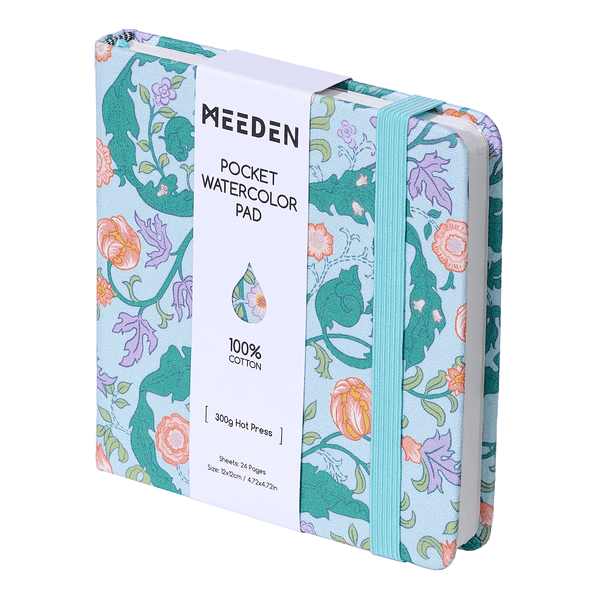 MEEDEN Floral Fabric Watercolor Sketchbook: 100% Cotton Hot Press, 300gsm, Pocket Size 4.7" x 4.7" - Mint Peony