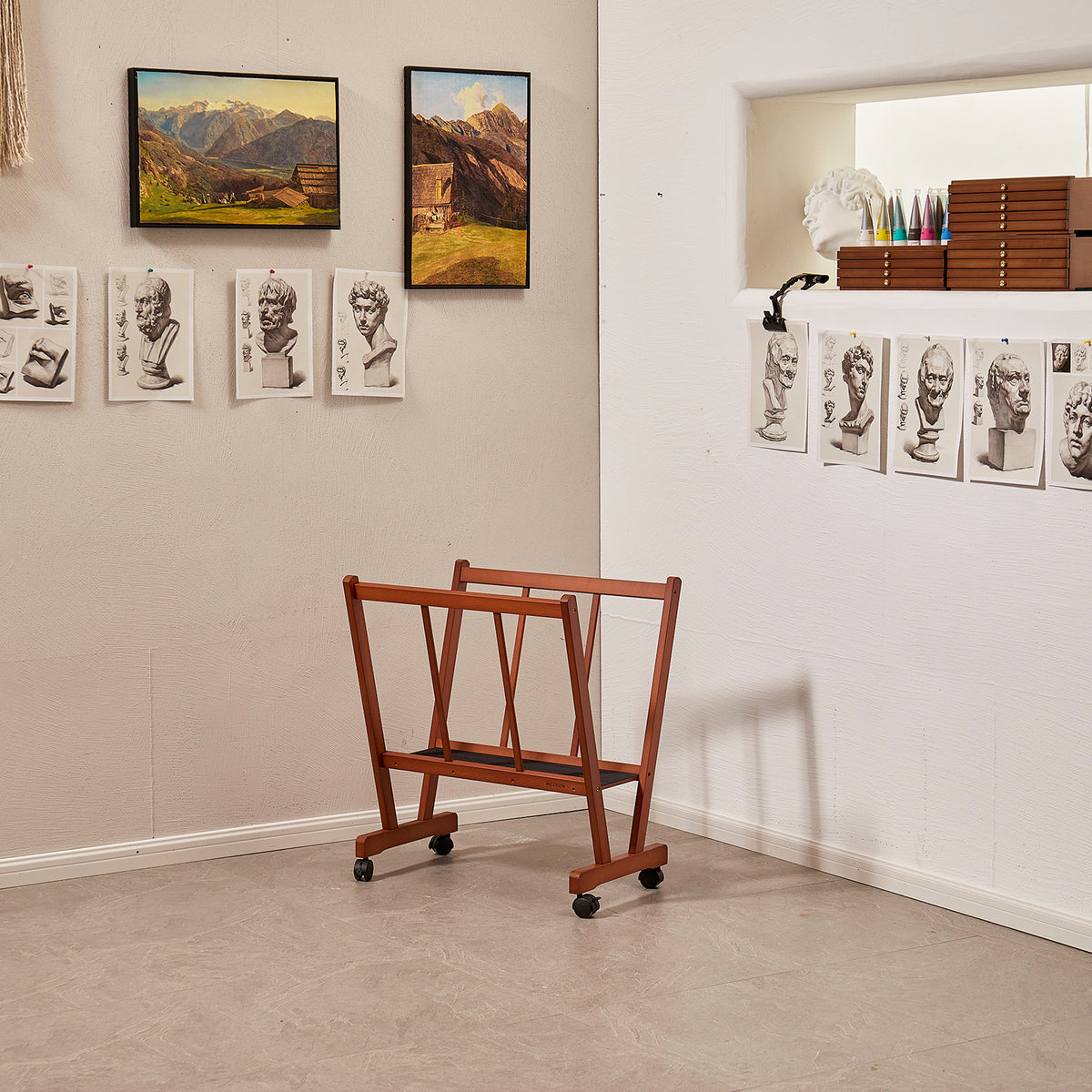 MEEDEN Wooden Large Print Rack with Castors-Walnut