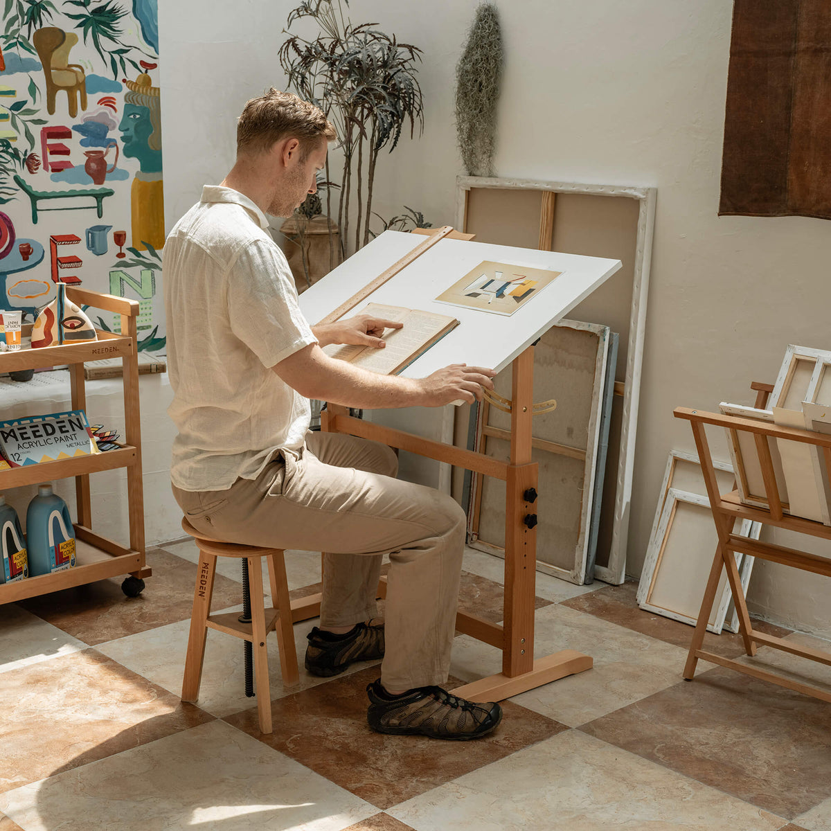 MEEDEN Adjustable Wooden Drafting Table & Stool Set, White-XSZ-5