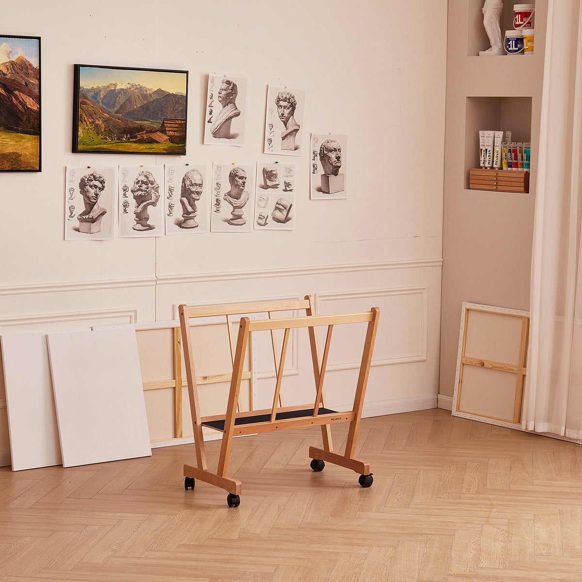 MEEDEN Wooden Large Print Rack with Castors-Natural