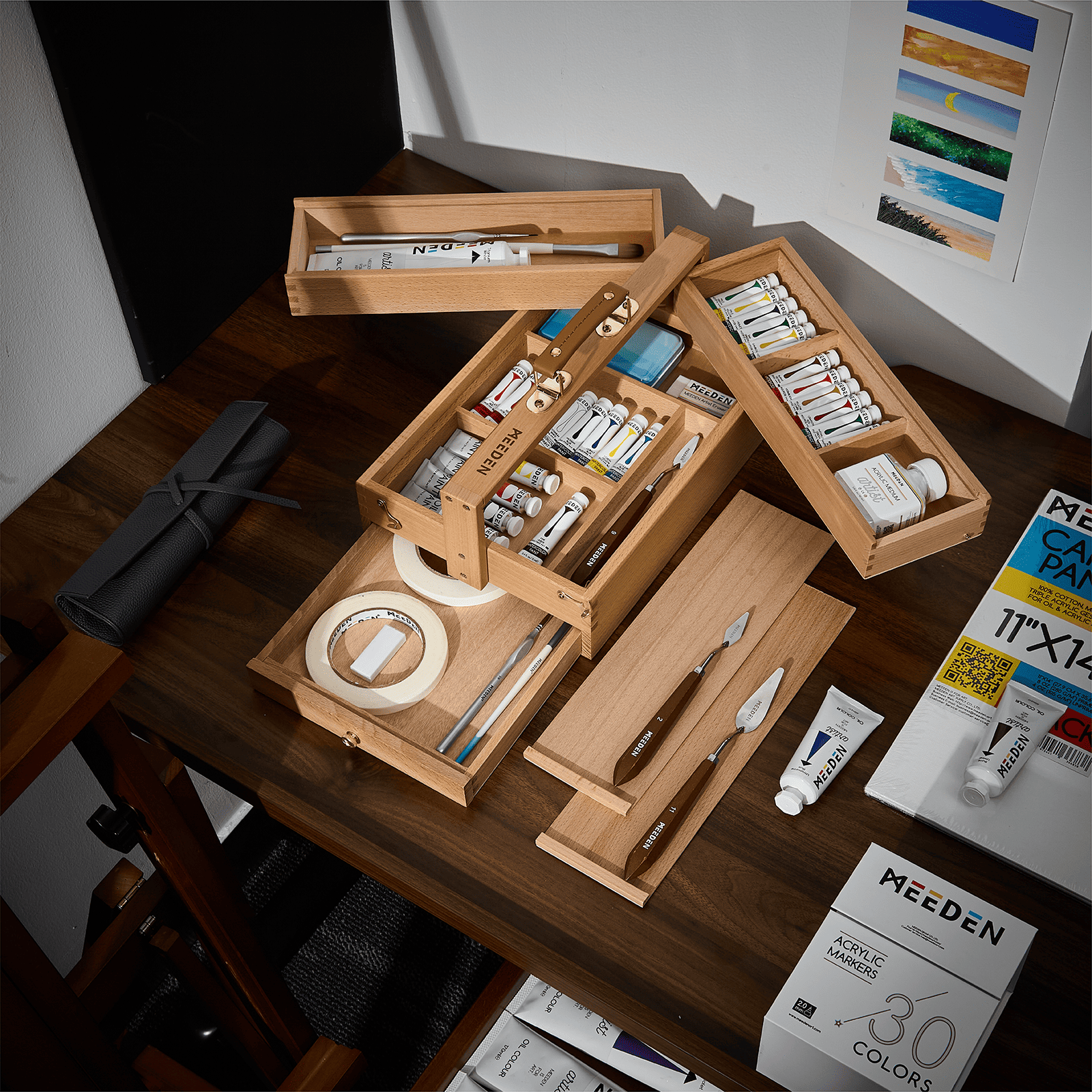 MEEDEN Wooden Artist Storage Box – Portable Foldable Organizer with Drawer