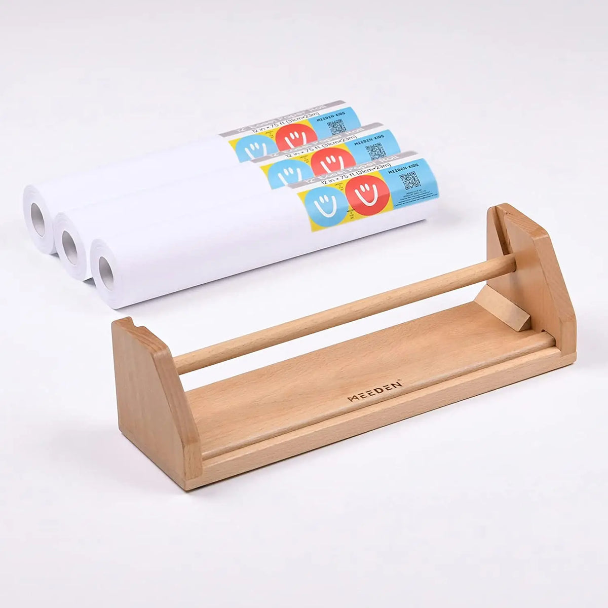 Kids Tabletop Paper Roll Dispenser, Solid Beech Wood with 3 Paper Rolls (12" x 75ft) MEEDEN ART