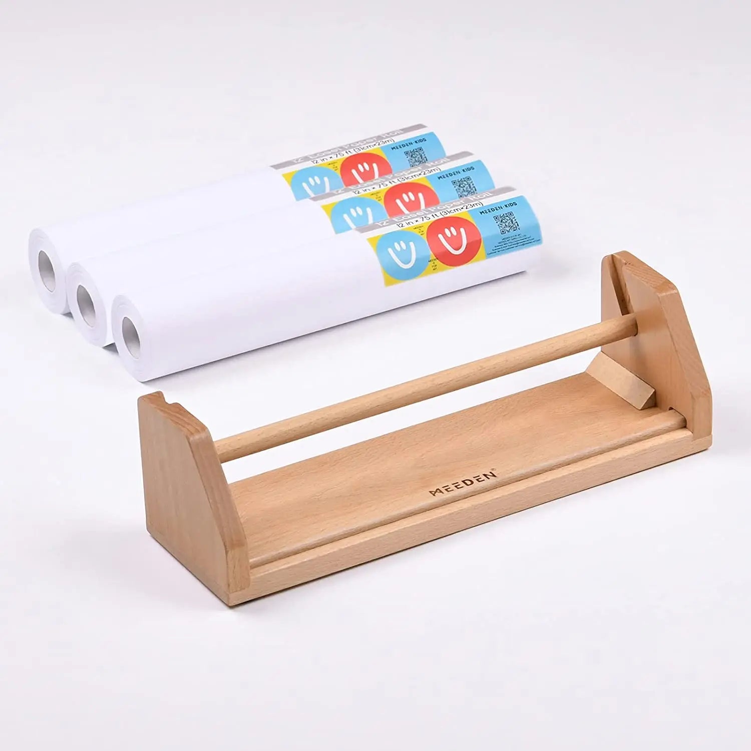 Kids Tabletop Paper Roll Dispenser, Solid Beech Wood with 3 Paper Rolls (12" x 75ft) MEEDEN ART