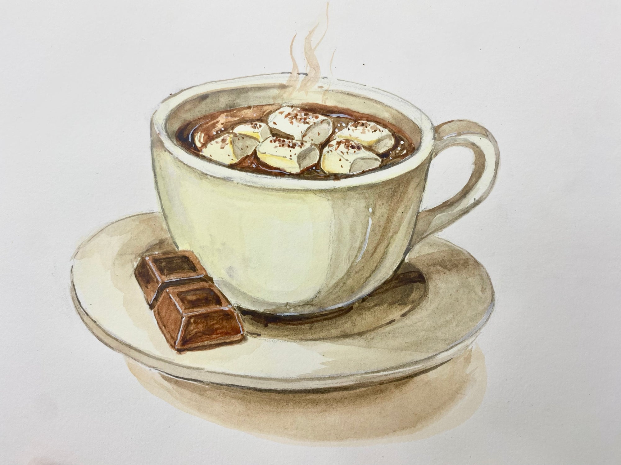 How to Paint Hot Chocolate with Marshmallows in Watercolor - Easy 5-Step Tutorial For Beginners