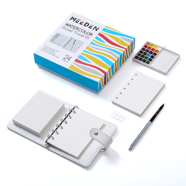 MEEDEN Travel Watercolor Sketchbook Set, 30 Sheets Watercolor Paper, 24 Colors, Brush & Palette