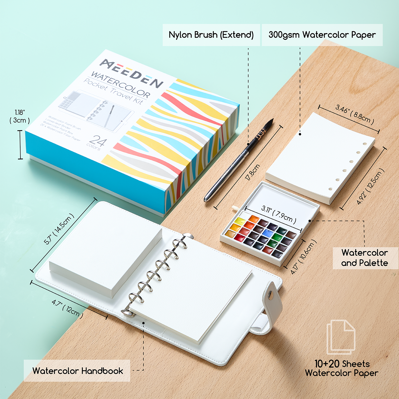 MEEDEN Travel Watercolor Sketchbook Set, 30 Sheets Watercolor Paper, 24 Colors, Brush & Palette