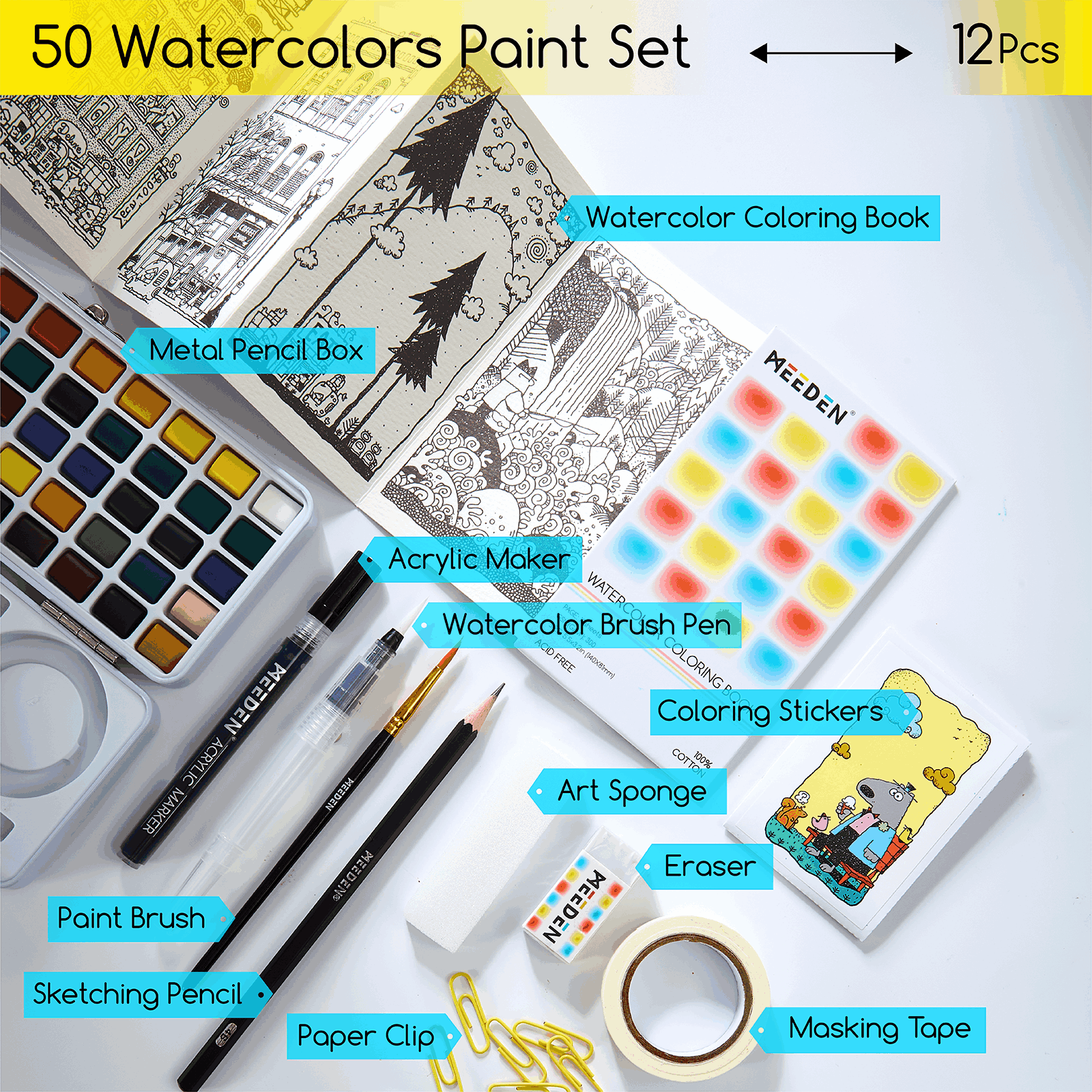 MEEDEN Travel Watercolor Paint Set , 50 Colors