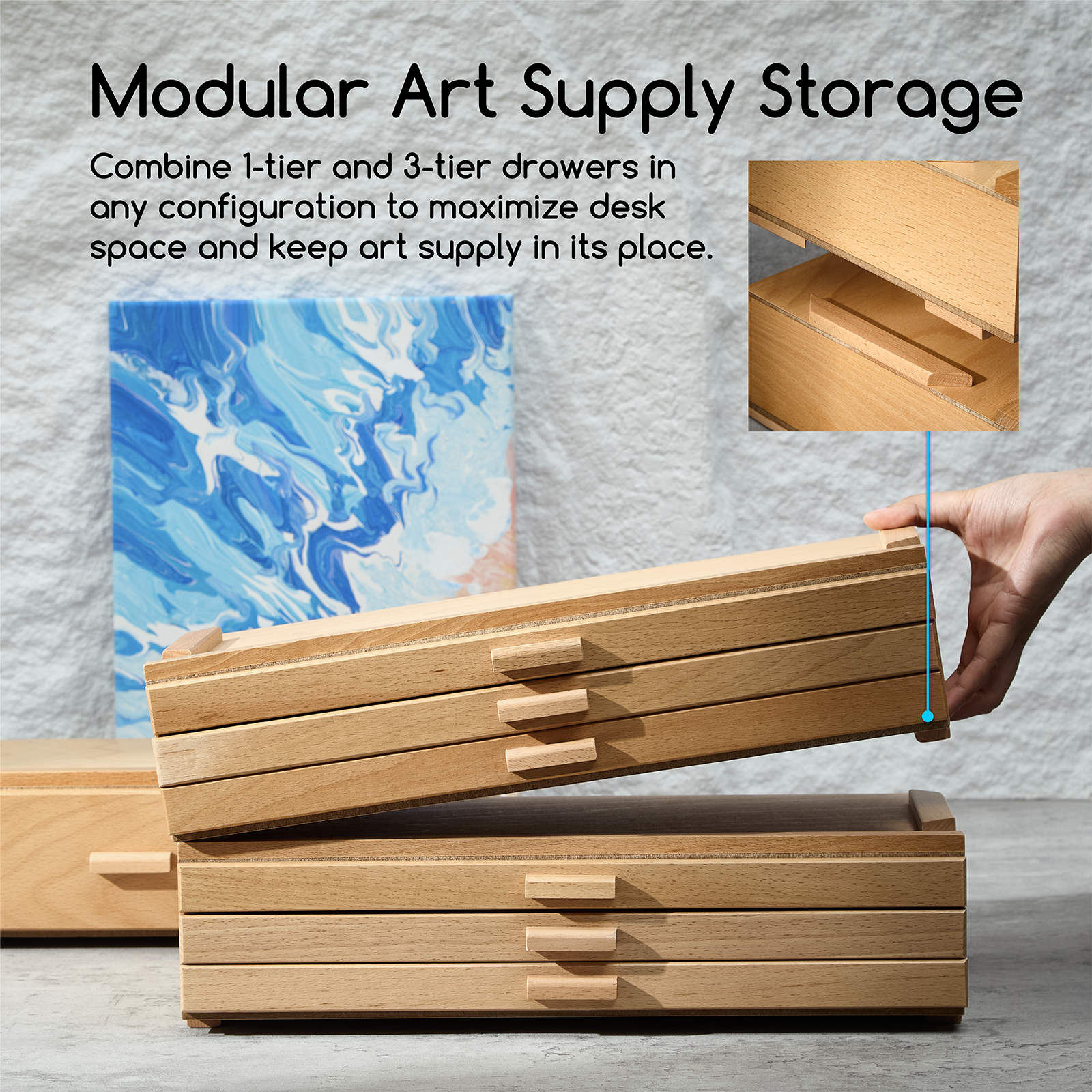 MEEDEN Artist Storage Supply Box: 3-Tier Solid Beech Wood with Removable Dividers