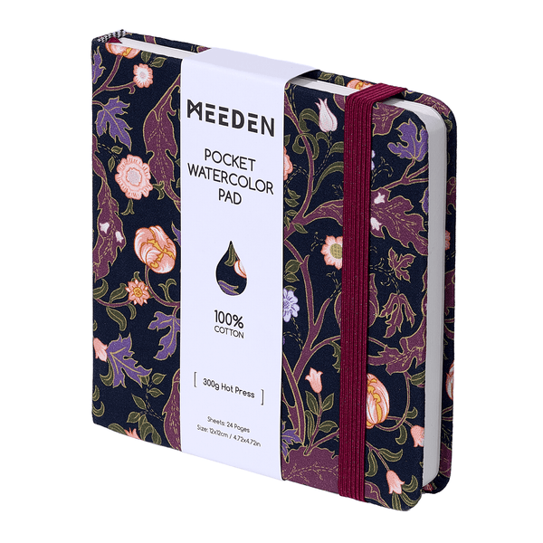 MEEDEN Floral Fabric Watercolor Sketchbook: 100% Cotton Hot Press, 300gsm, Pocket Size 4.7" x 4.7" -  Midnight Peony