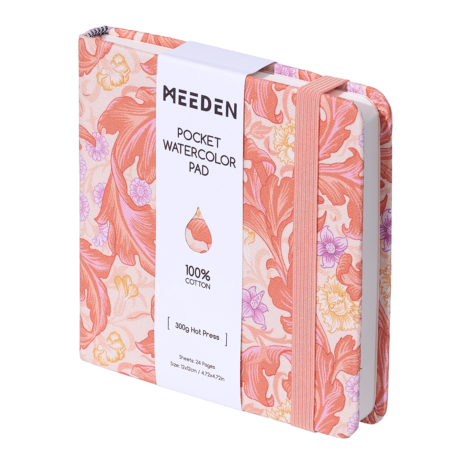 MEEDEN Floral Fabric Watercolor Sketchbook: 100% Cotton Hot Press, 300gsm, Pocket Size 4.7" x 4.7" -   Peach Carnation