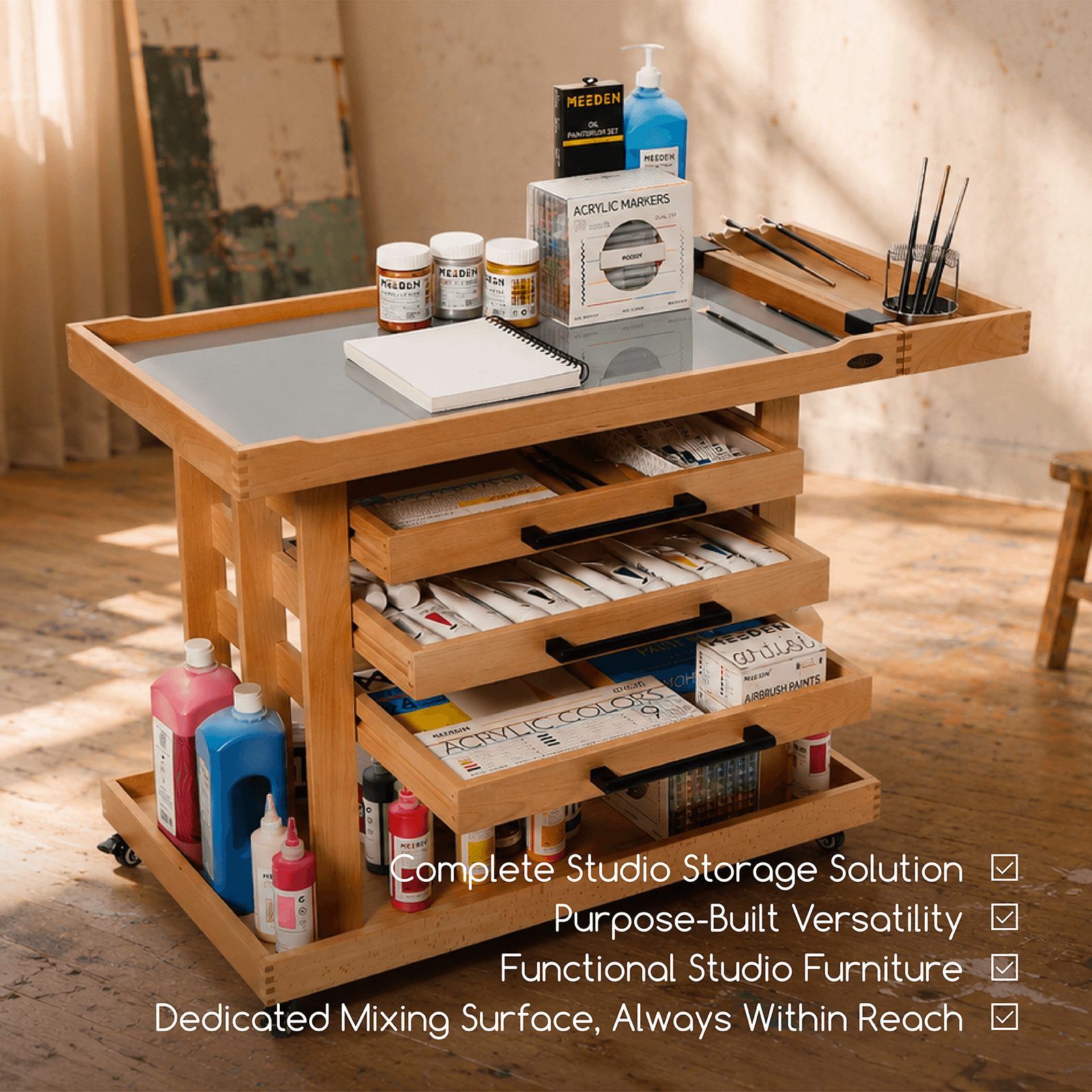 MEEDEN Extra Large Artist Storage Cart, 5-Tier Rolling Painting Studio Workstation, W13H Extra Large - Natural