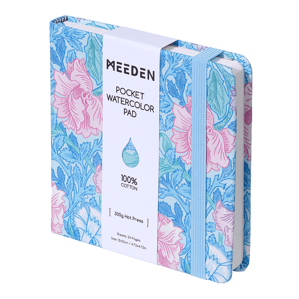 MEEDEN Floral Fabric Watercolor Sketchbook: 100% Cotton Hot Press, 300gsm, Pocket Size 4.7" x 4.7" -  Sky Iris