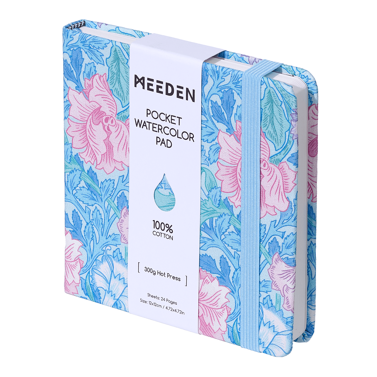 MEEDEN Floral Fabric Watercolor Sketchbook: 100% Cotton Hot Press, 300gsm, Pocket Size 4.7" x 4.7" -  Sky Iris