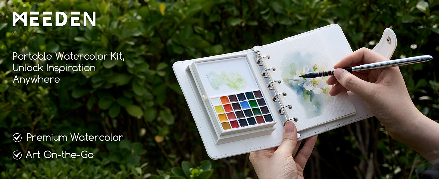 MEEDEN Travel Watercolor Sketchbook Set, 30 Sheets Watercolor Paper, 24 Colors, Brush & Palette