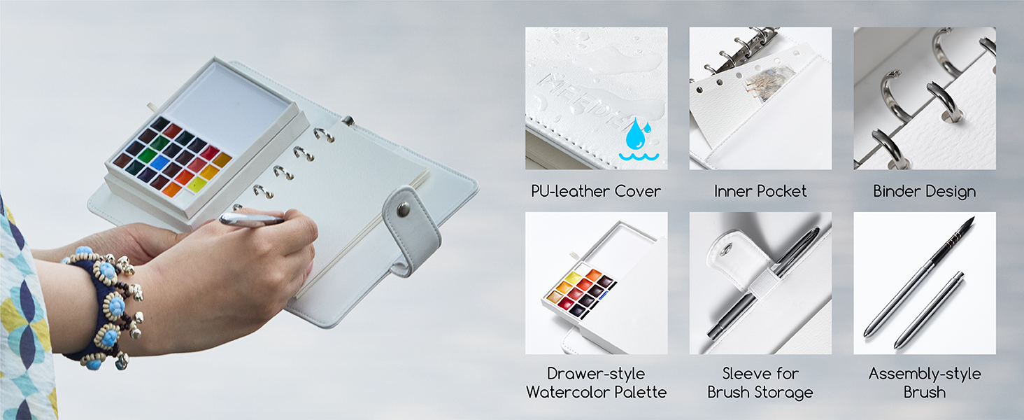 MEEDEN Travel Watercolor Sketchbook Set, 30 Sheets Watercolor Paper, 24 Colors, Brush & Palette