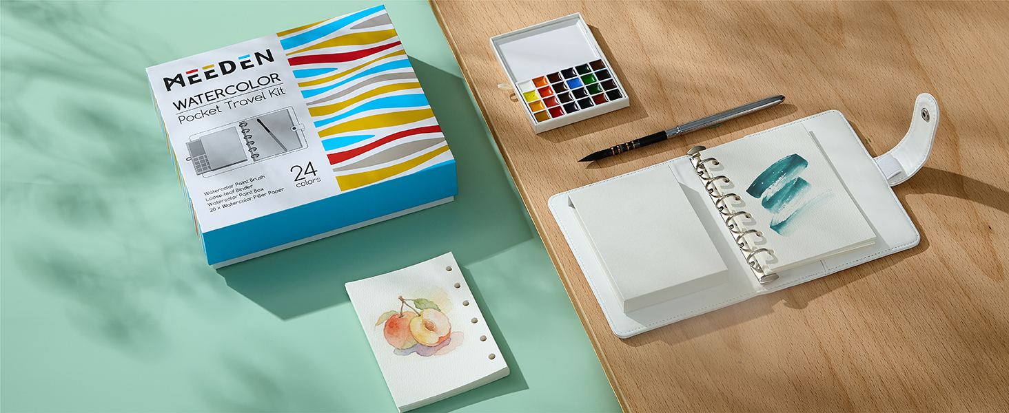 MEEDEN Travel Watercolor Sketchbook Set, 30 Sheets Watercolor Paper, 24 Colors, Brush & Palette