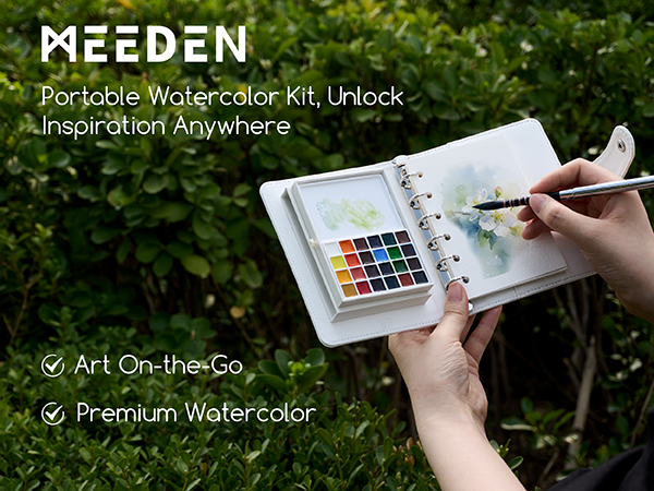 MEEDEN Travel Watercolor Sketchbook Set, 30 Sheets Watercolor Paper, 24 Colors, Brush & Palette