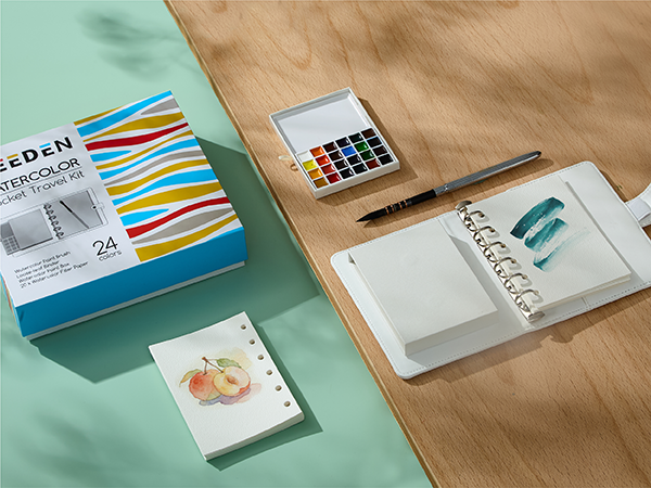MEEDEN Travel Watercolor Sketchbook Set, 30 Sheets Watercolor Paper, 24 Colors, Brush & Palette