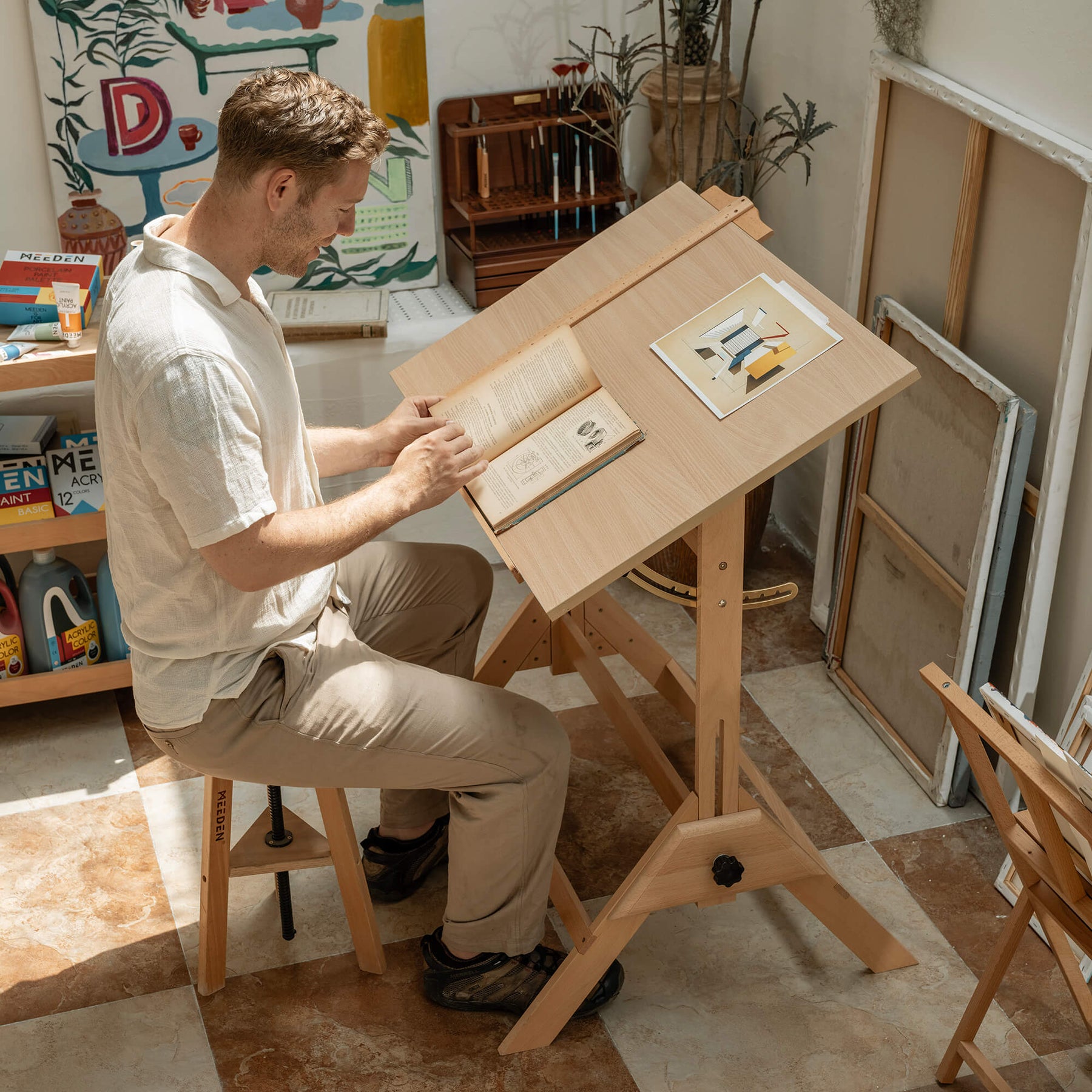 MEEDEN Adjustable Wooden Drafting Table & Stool Set , Natural-XSZ-2