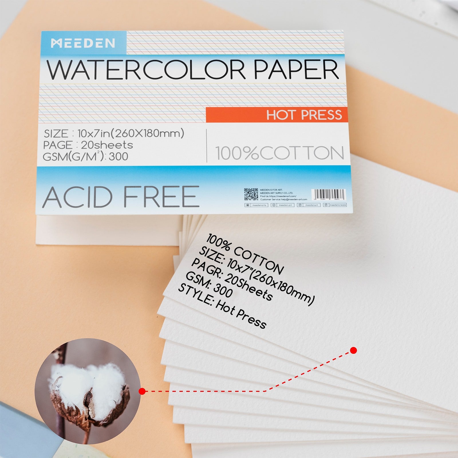 MEEDEN 10x7" Hot Press Watercolor Paper Pad 20 Sheets