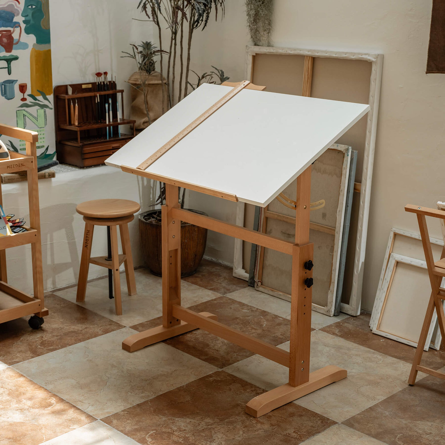 MEEDEN Adjustable Wooden Drafting Table & Stool Set, White-XSZ-5