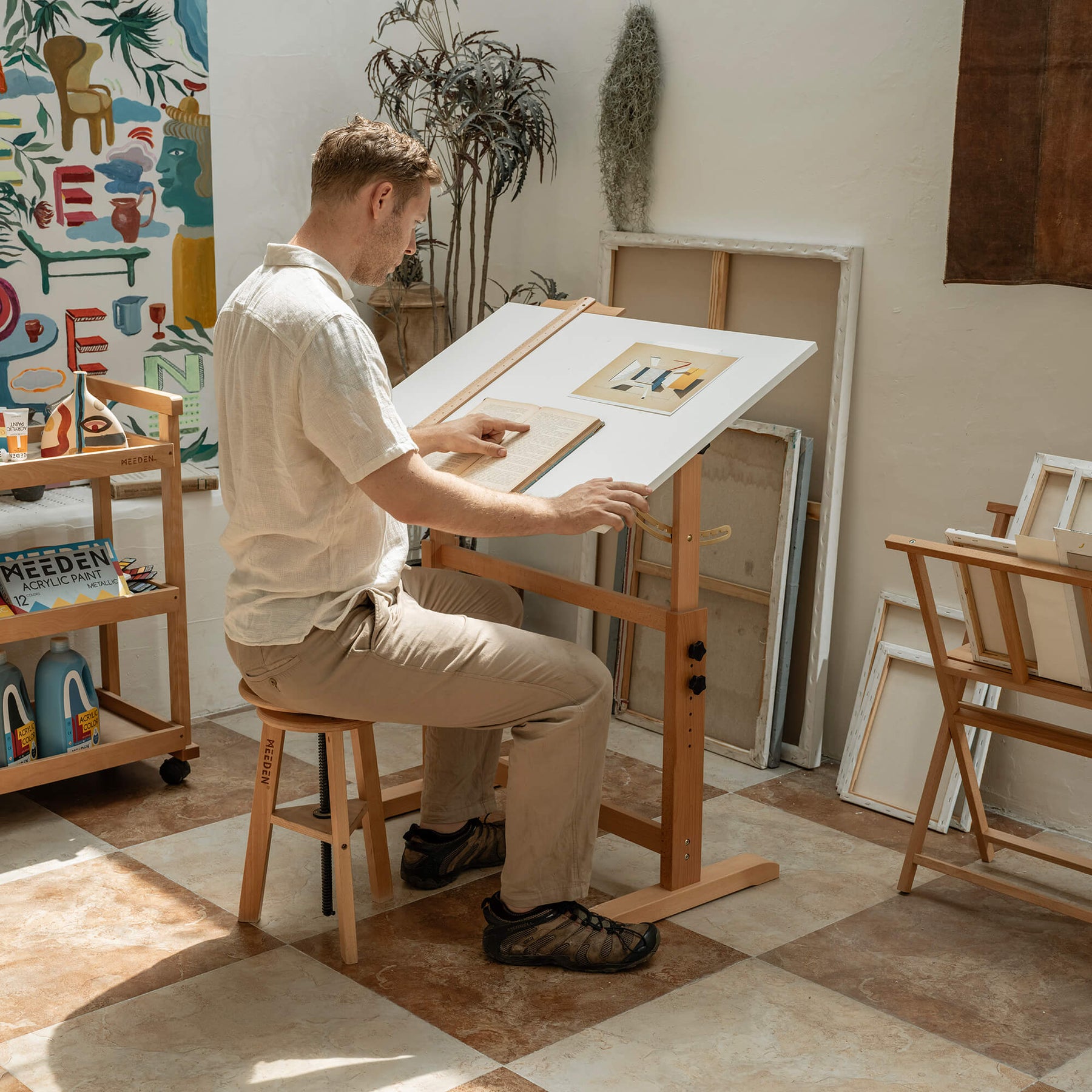 MEEDEN Adjustable Wooden Drafting Table & Stool Set, White-XSZ-5