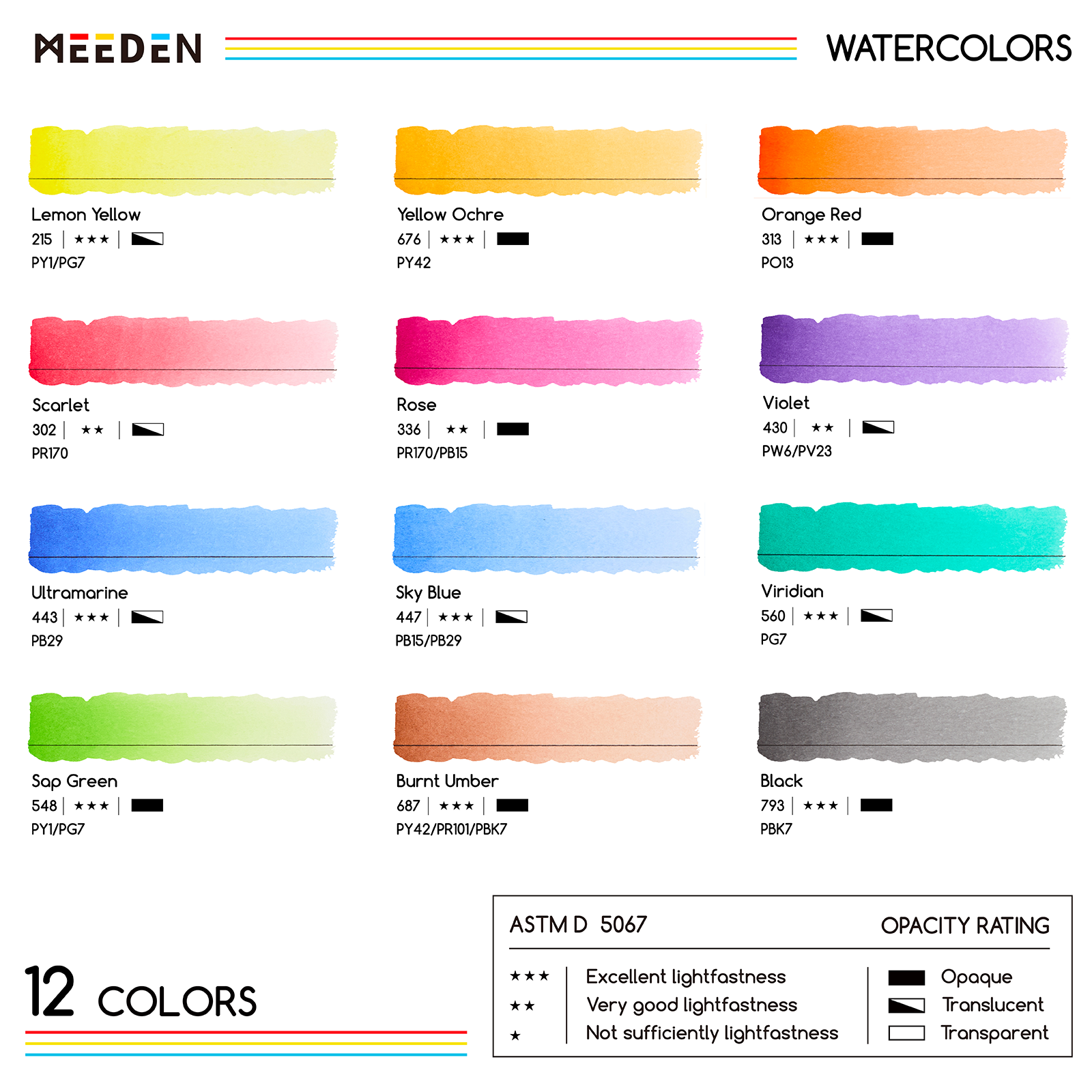 MEEDEN Professional 12 x 15ml (0.5 oz) Colors Watercolor Tubes Paint Set
