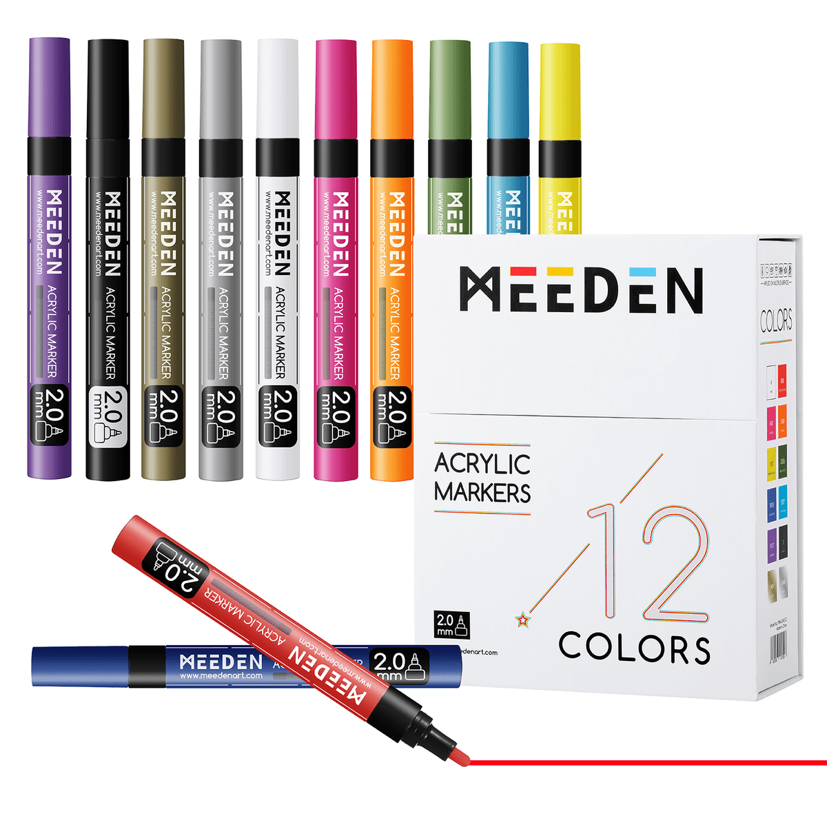 MEEDEN Acrylic Markers Set - 12 Colors, Paint Pens with Reversible Medium & Fine