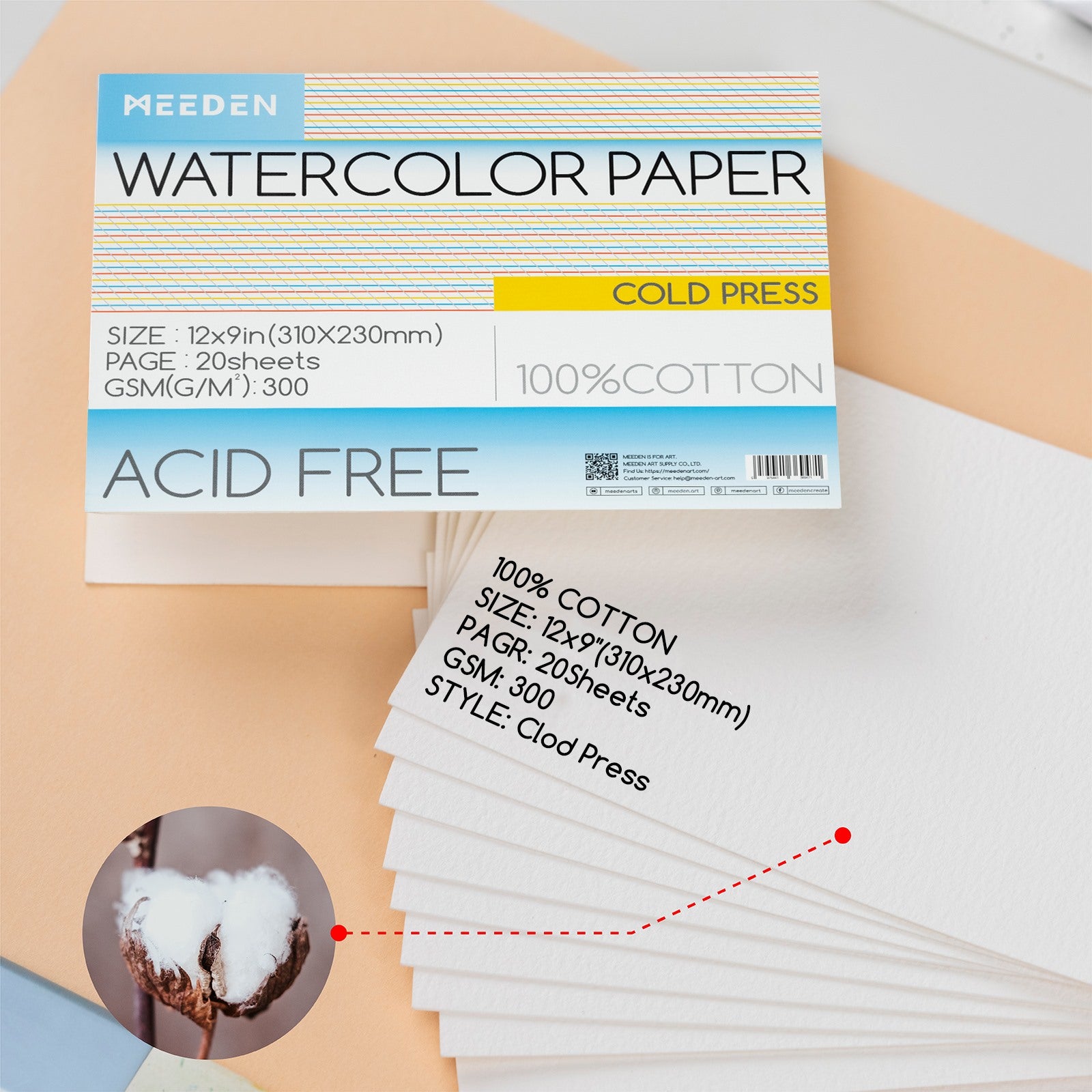 MEEDEN 12x9" Cold Press Watercolor Paper Pad 20 Sheets