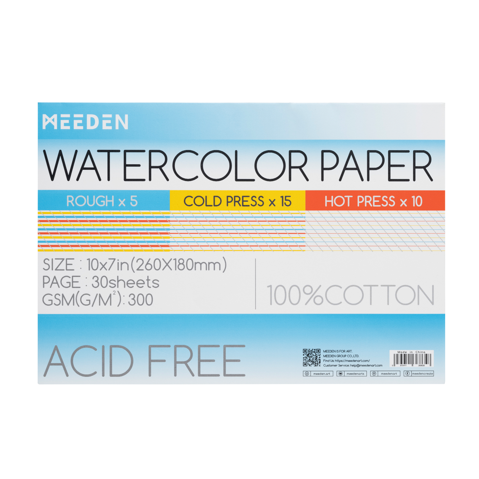 MEEDEN 10x7" Block - 3 Textures Watercolor Paper Pad 30 Sheets