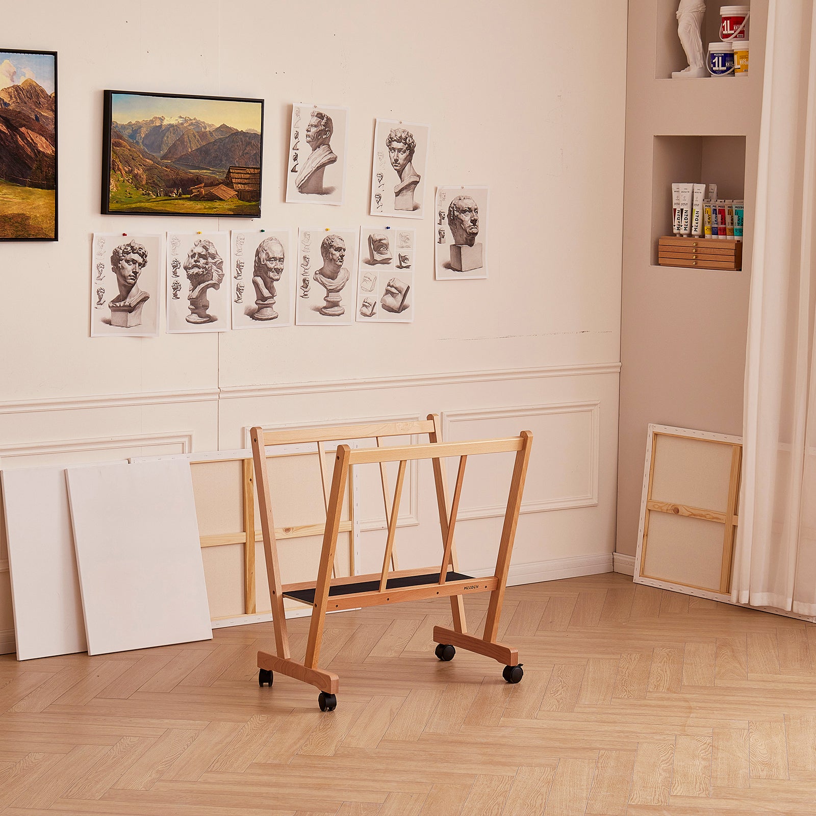 MEEDEN Wooden Large Print Rack with Castors-Natural