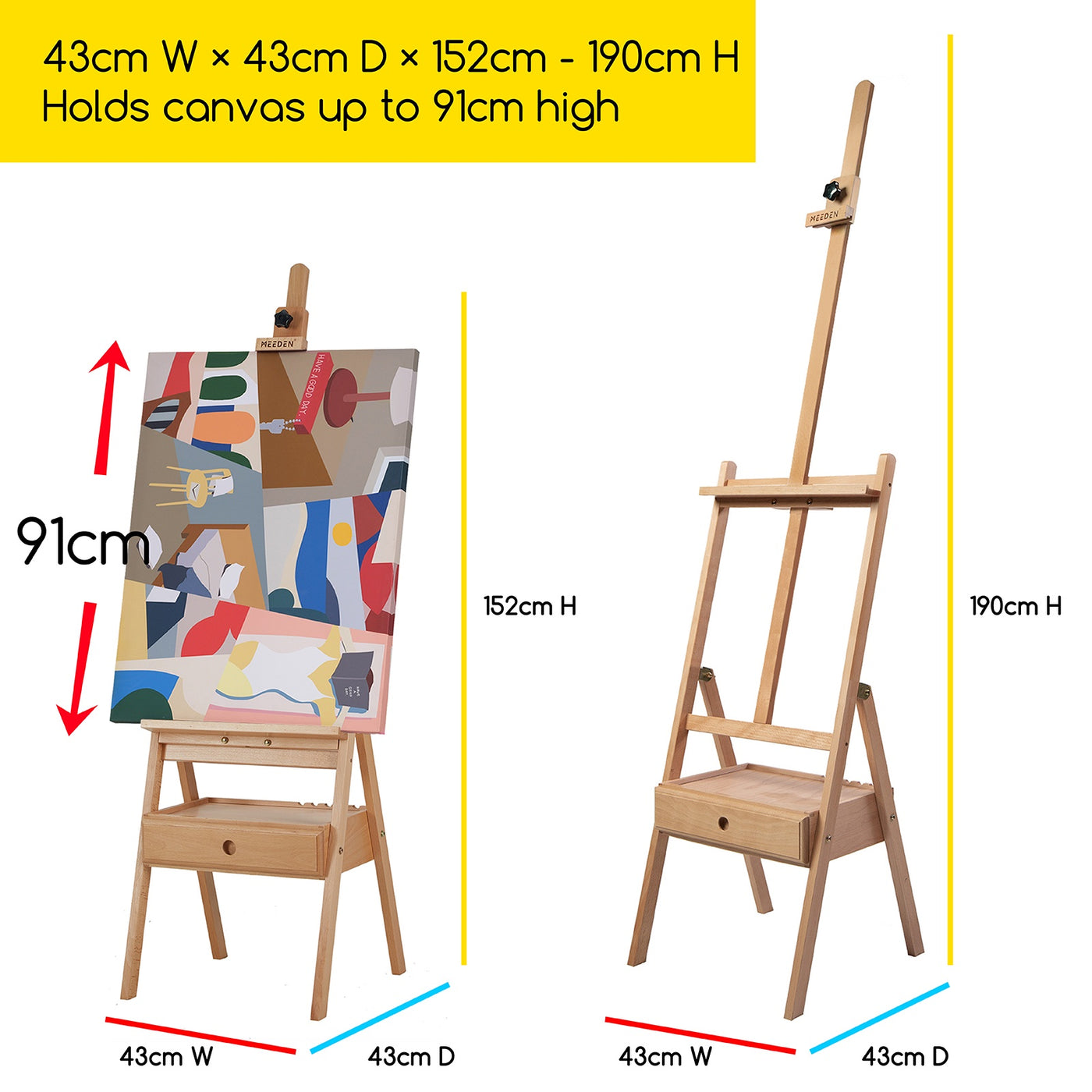 MEEDEN H-Frame Studio Wooden Easel with Art Supply Storage Drawer