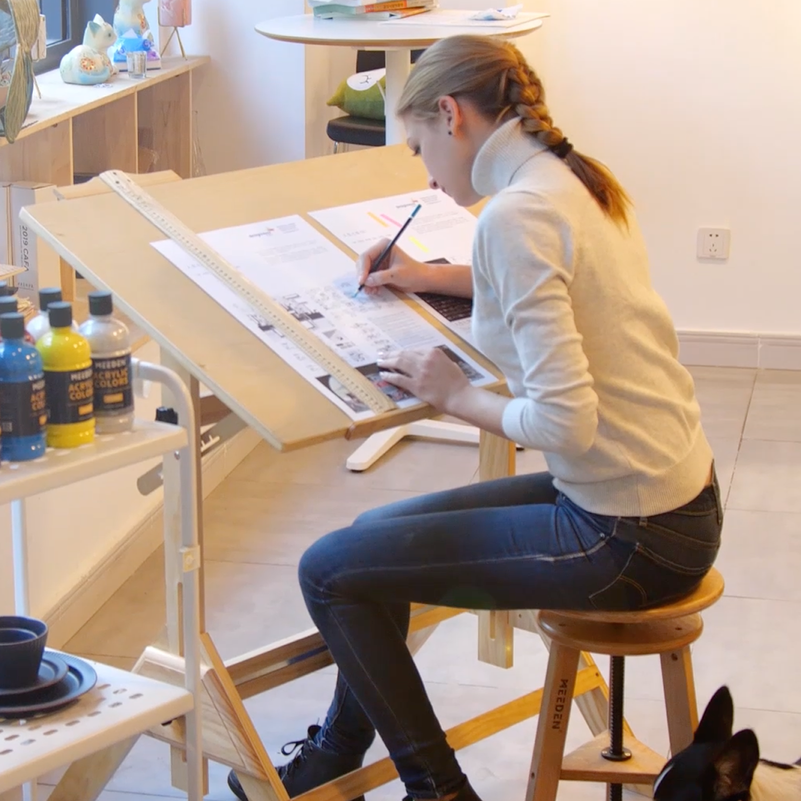 MEEDEN Adjustable Wooden Drafting Table & Stool Set , Natural-XSZ-2
