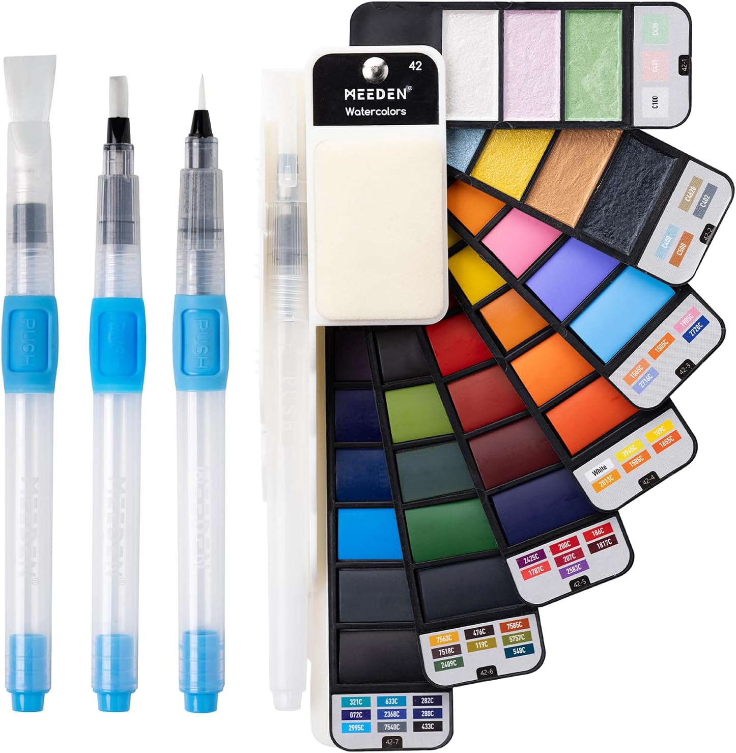 MEEDEN Travel Watercolor Paint Set, 42 Assorted Colors with 4 Brushes