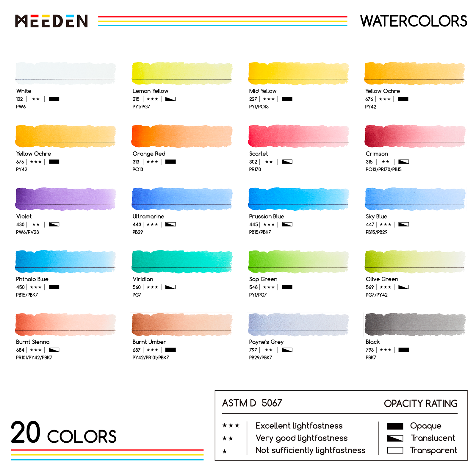 MEEDEN Professional 20 x 15ml (0.5 oz) Colors Watercolor Tubes Paint Set