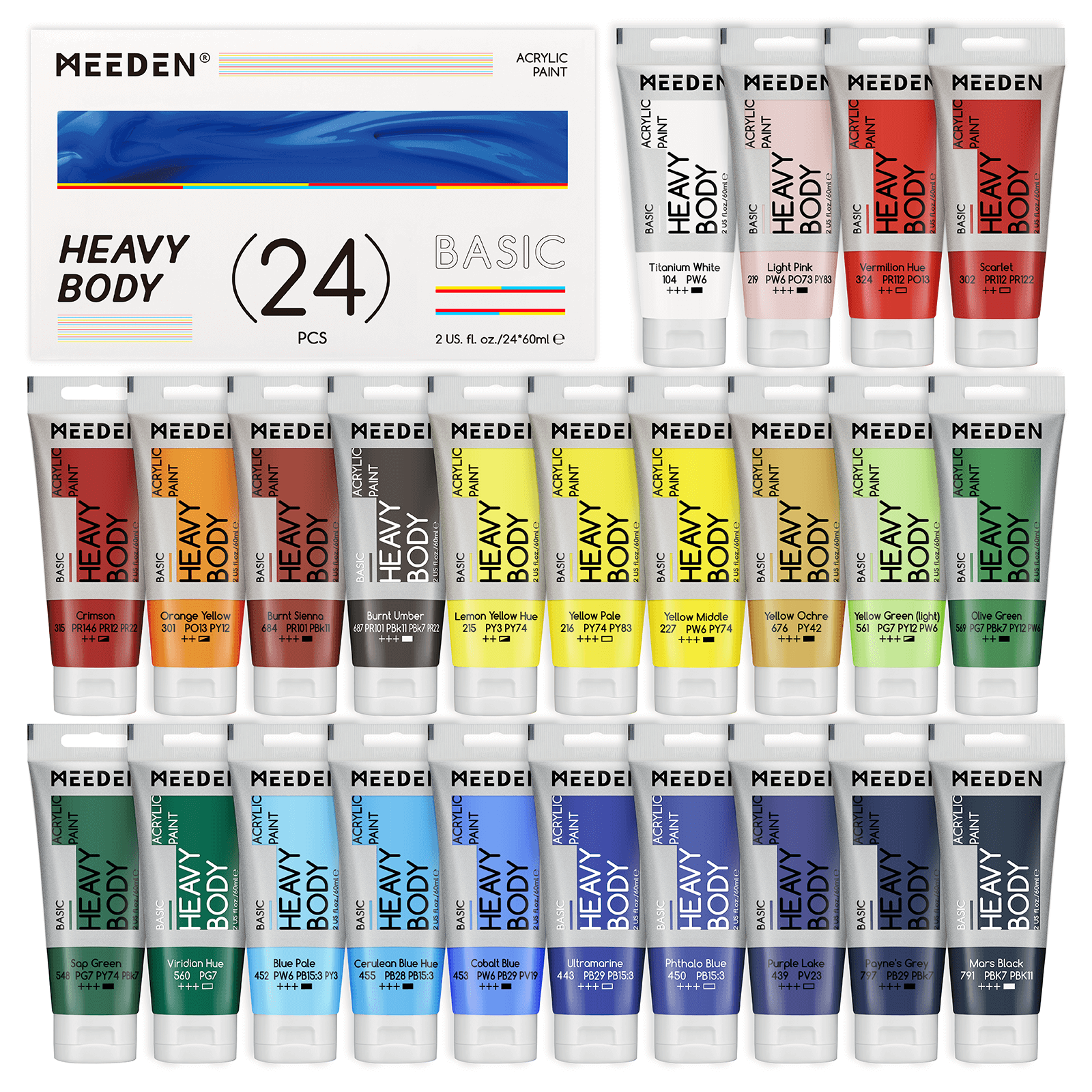 MEEDEN Heavy Body Acrylic Paint 24 Basic Colors, 60ml