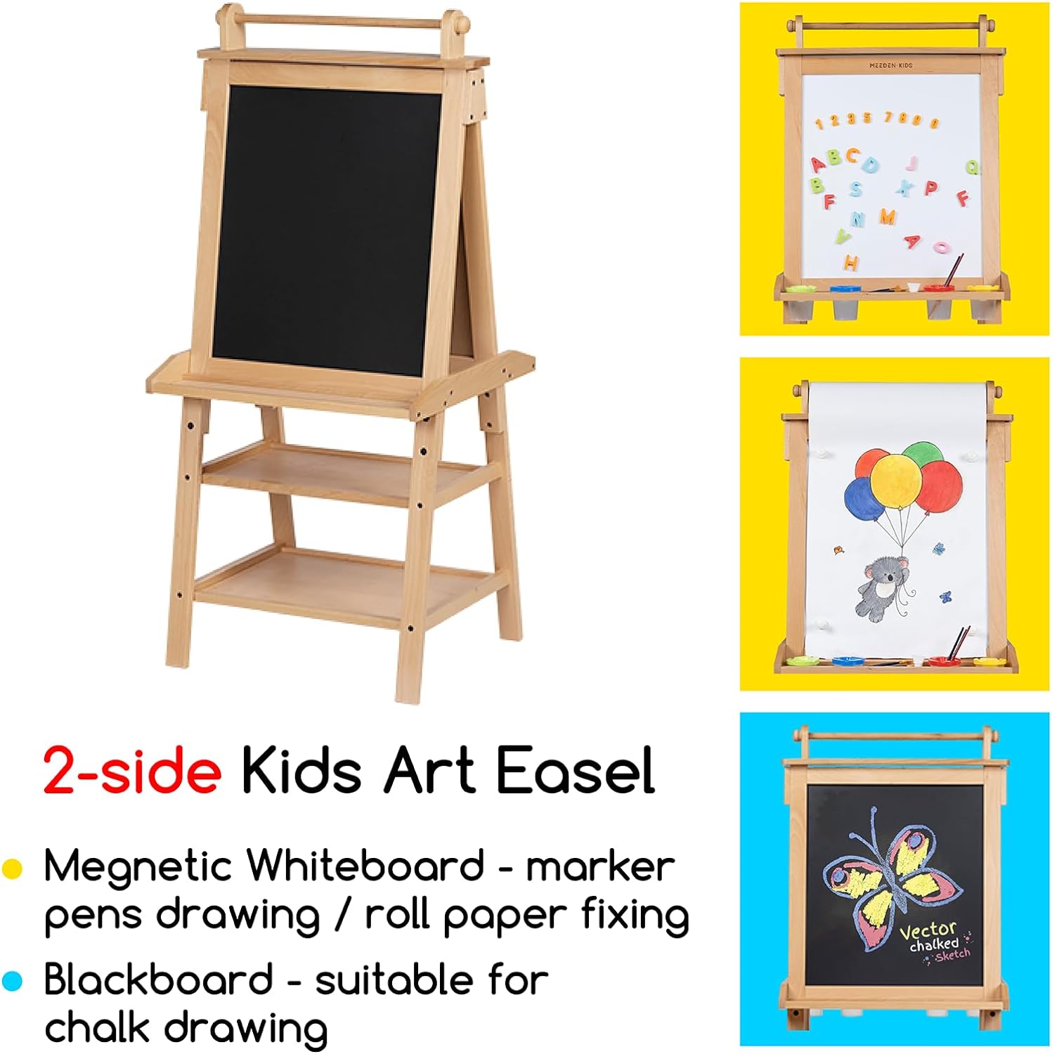 MEEDEN Solid Pine Wood Double-Sided Kids Art Easel Set, 77 Pieces -Natural