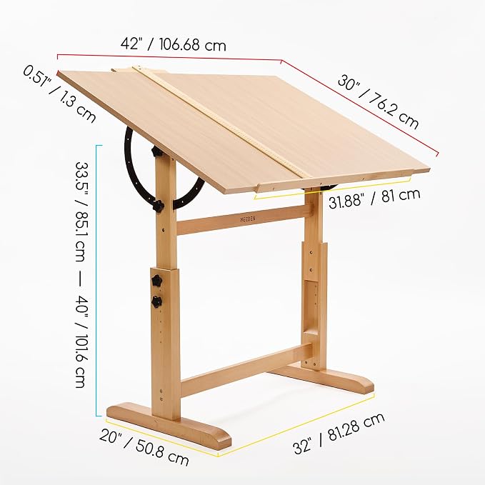 MEEDEN Extra Large Wooden Drawing Table: Natural Paint