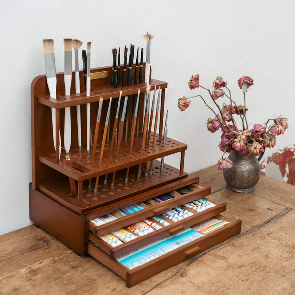 MEEDEN Artist Storage Supply Box: 3-Tier Solid Beech Wood with Removable Dividers - Walnut