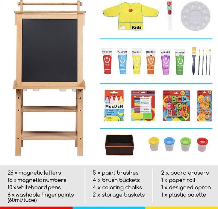 MEEDEN Solid Pine Wood Double-Sided Kids Art Easel Set, 77 Pieces -Natural