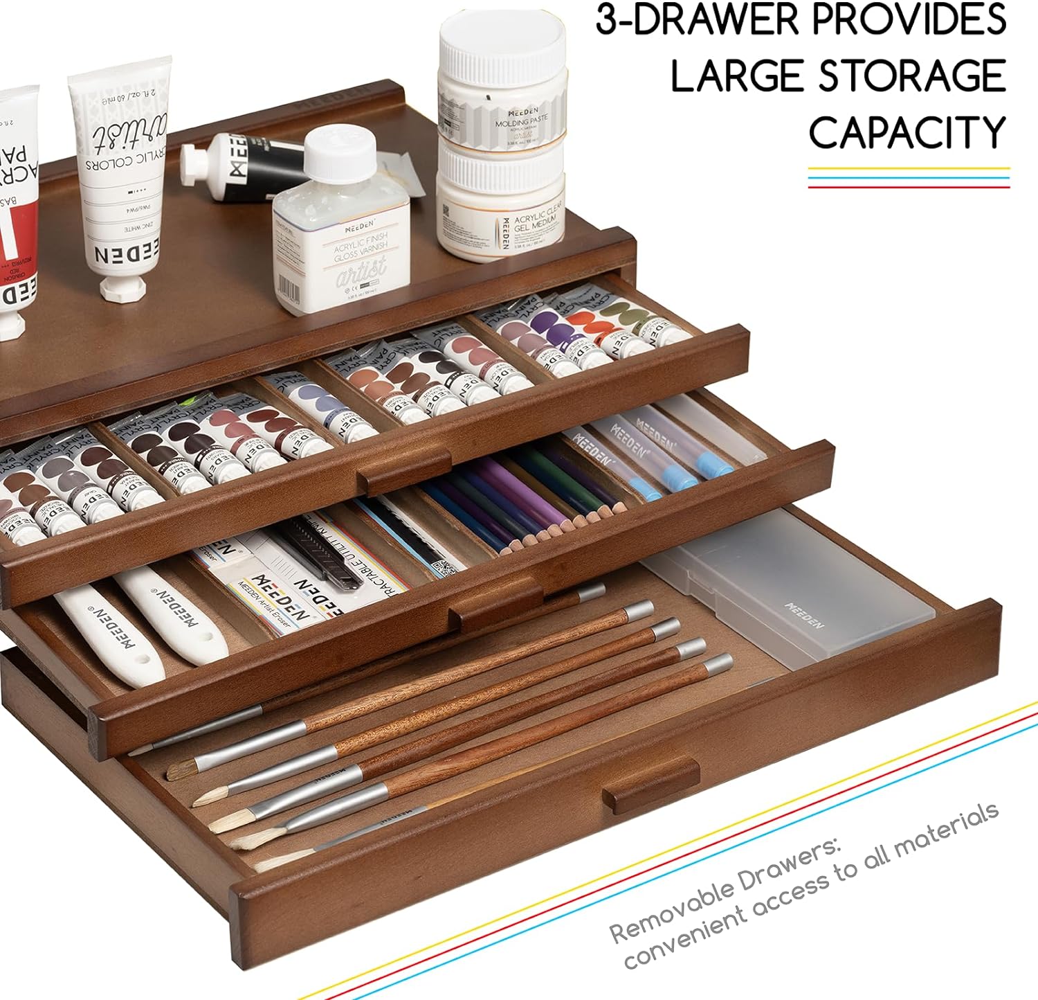 MEEDEN Artist Storage Supply Box: 3-Tier Solid Beech Wood with Removable Dividers - Walnut