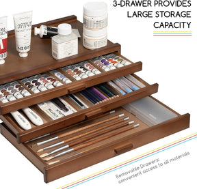 MEEDEN Artist Storage Supply Box: 3-Tier Solid Beech Wood with Removable Dividers - Walnut