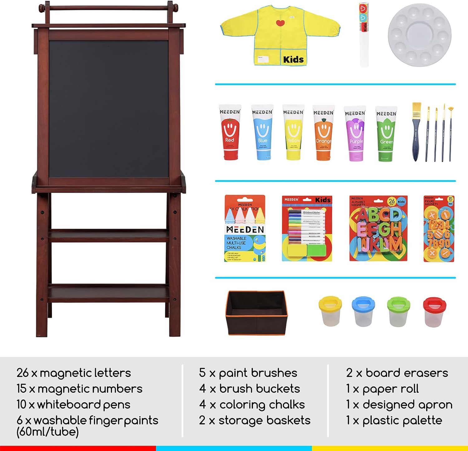 MEEDEN Solid Pine Wood Double-Sided Kids Art Easel Set, 77 Pieces -Walnut