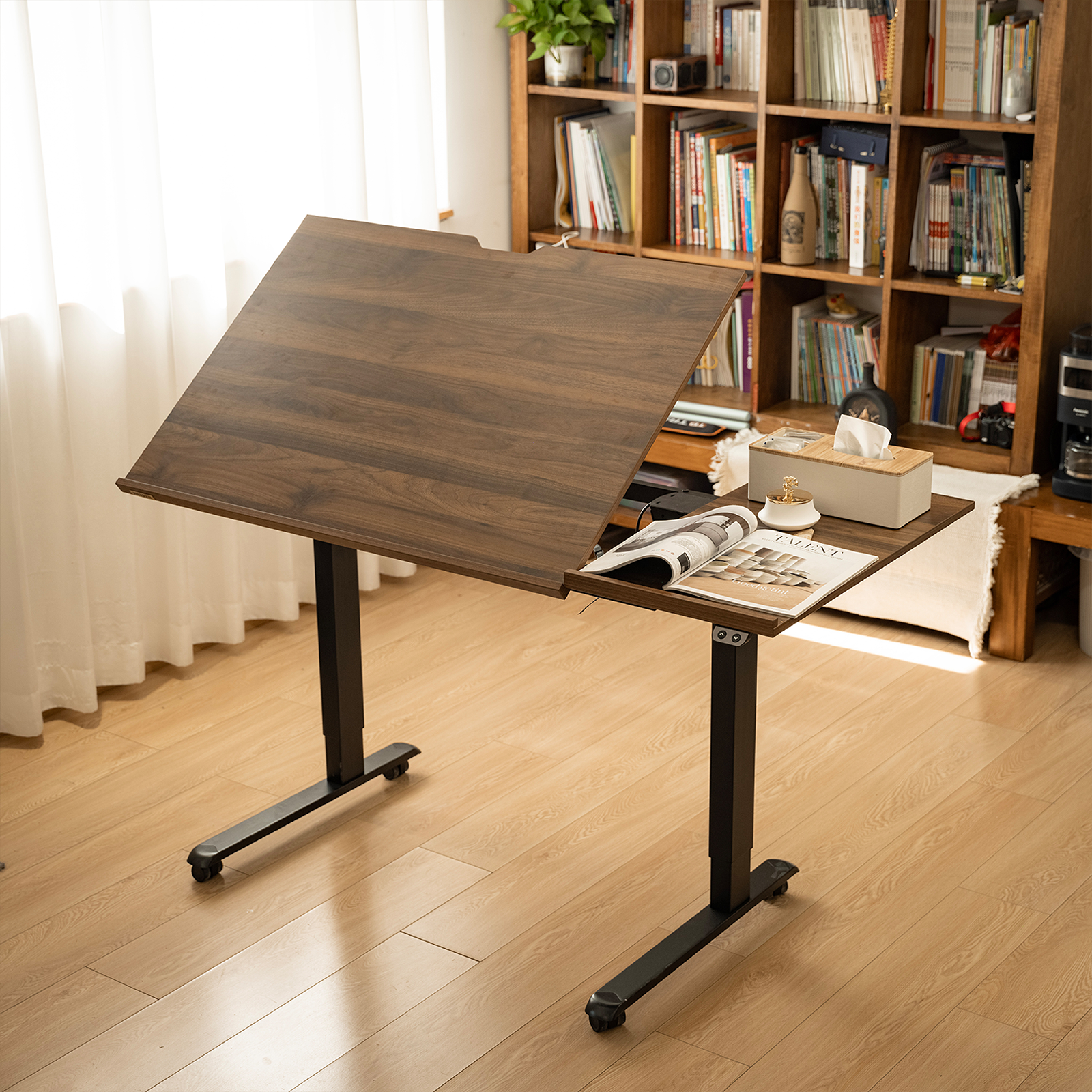 MEEDEN Large Electric Height Adjustable Drafting Table with Side Board, Walnut