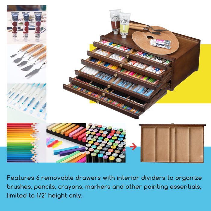 MEEDEN 6-Drawer Artist Supply Storage Box, Walnut Color
