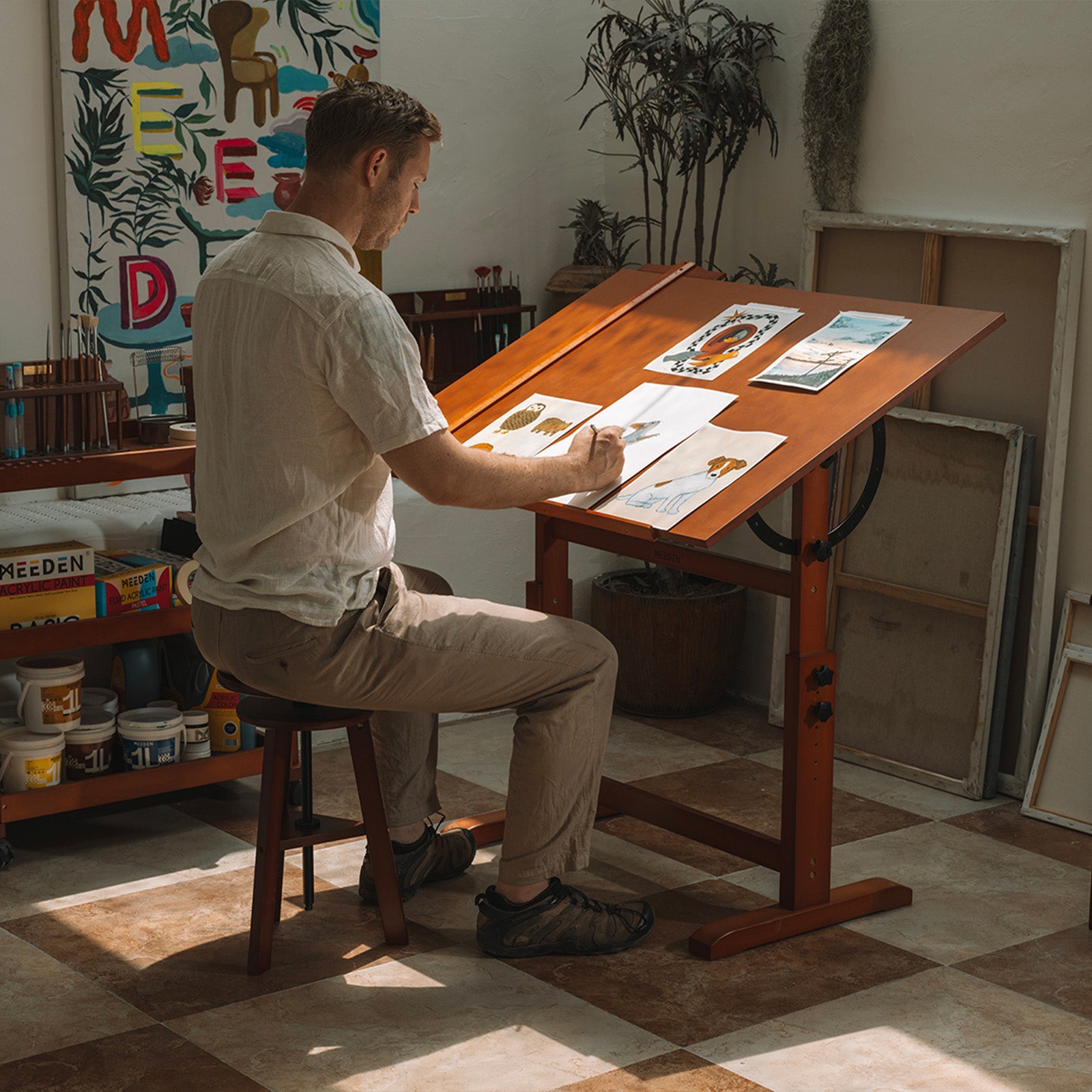 MEEDEN Extra Large Wooden Drafting Table, Light Walnut-XSZ-6008
