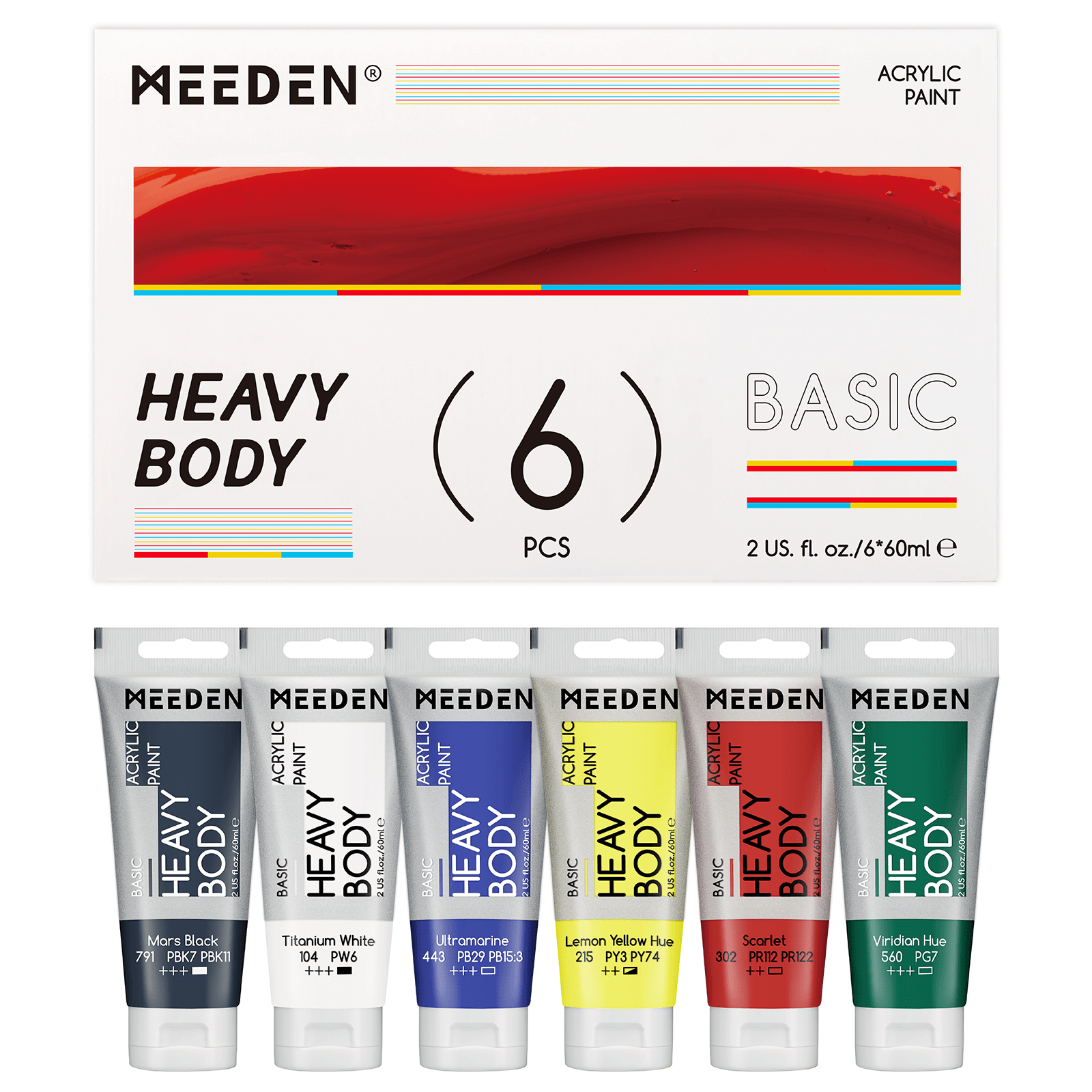 MEEDEN Heavy Body Acrylic Paint 6 Basic Colors, 60ml