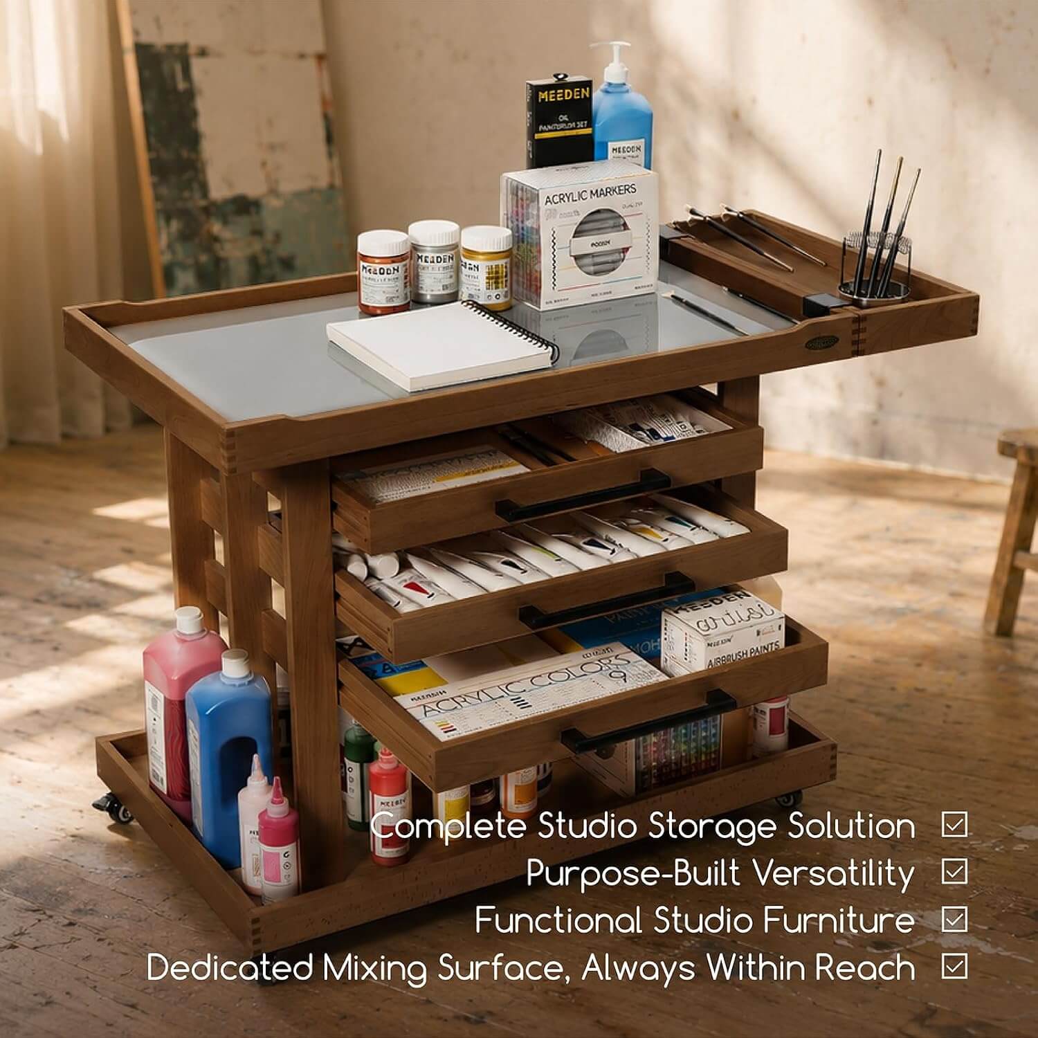 MEEDEN Extra Large Artist Storage Cart, 5-Tier Rolling Painting Studio Workstation, W13H Extra Large - Walnut