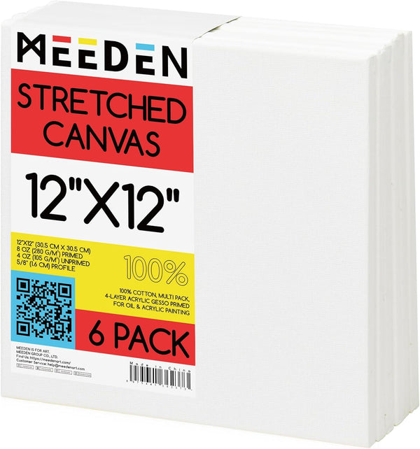 MEEDEN 100% Cotton Stretched Canvas, 12 x 12 In, 6 Packs