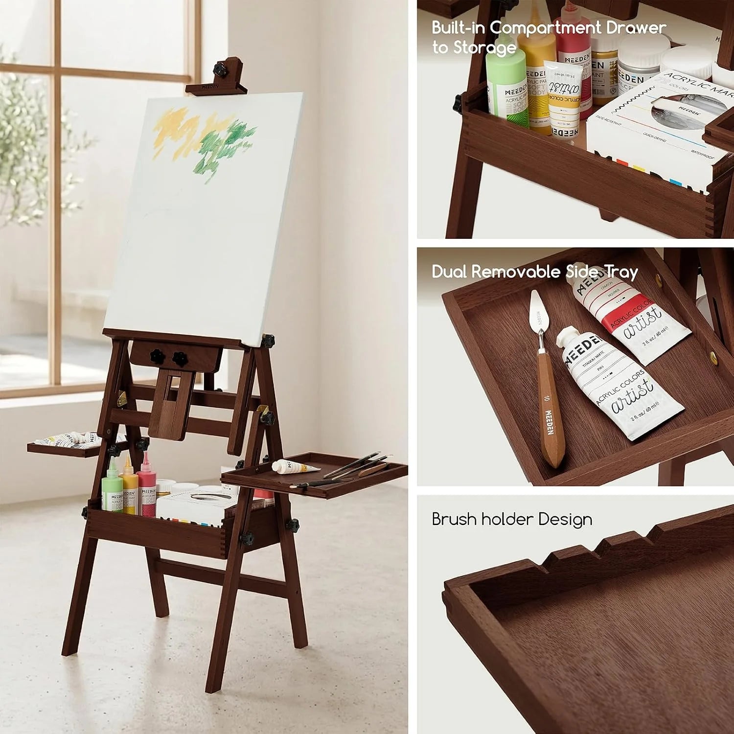 MEEDEN Painting Easel with Storage: H-Frame Beech Wood Art Easel - Dark Walnut